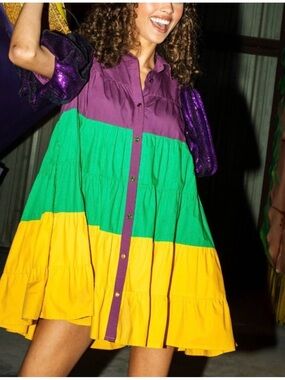 QUEEN OF SPARKLES Purple, Green & Yellow Tiered Shirt Dress - Mardi Gras